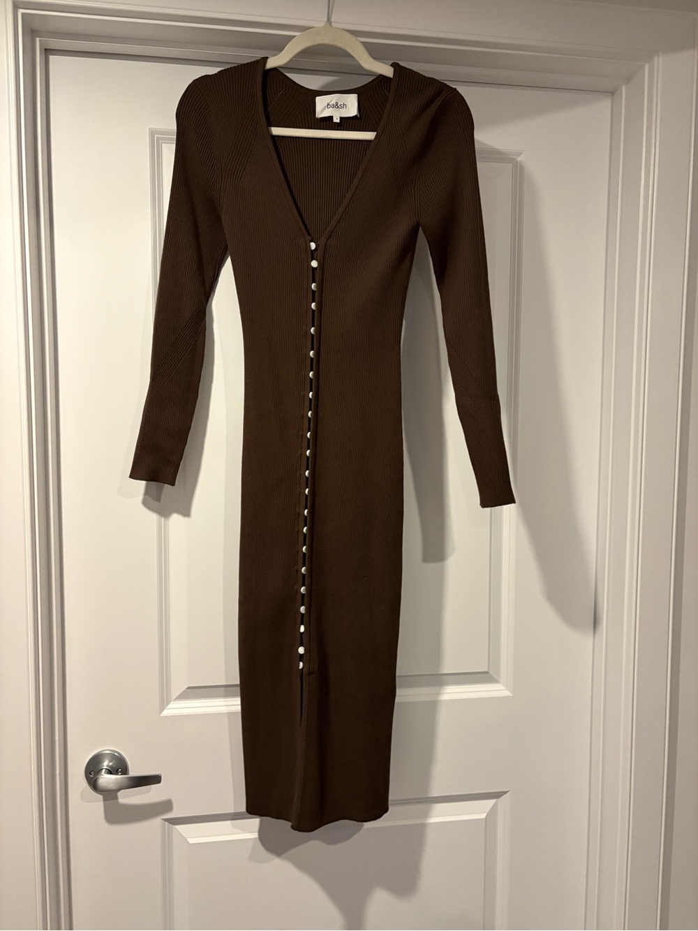 ba&sh Brown Ribbed Button-Front Long-Sleeve Midi Dress - Picture 2 of 6